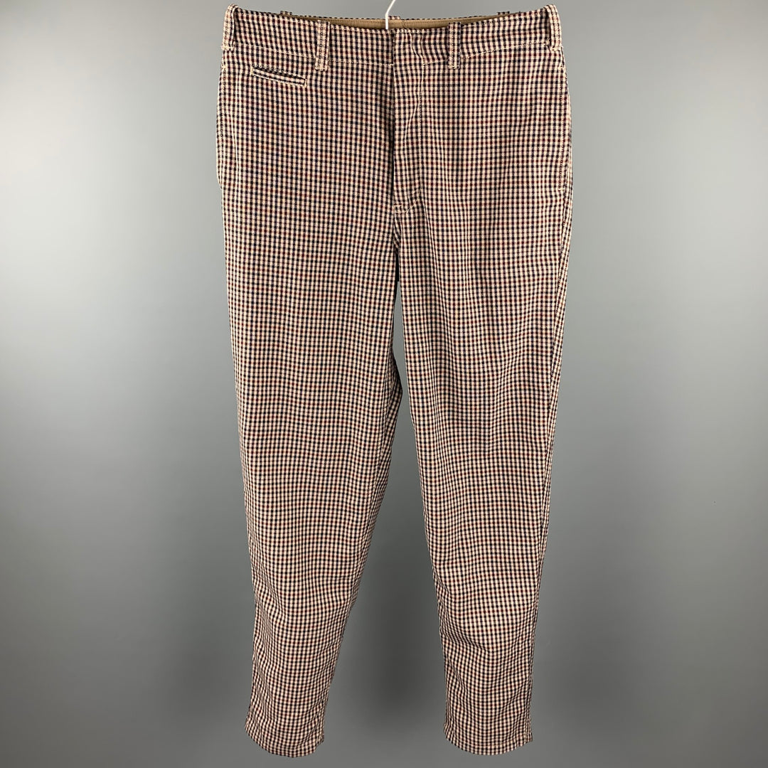 NANAMICA Taille 32 Pantalon habillé en laine à carreaux beige et marine / polyester avec braguette zippée