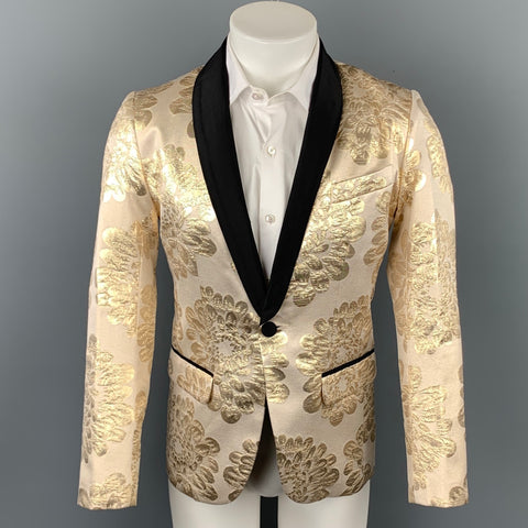 MR TURK Size 36 Beige & Gold Brocade Cotton Blend Shawl Collar Sport Coat