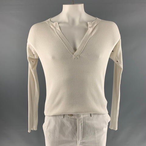 DANIELE ALESSANDRINI Size 42 Cream Ribbed Cotton V-Neck Pullover