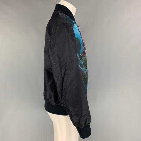 VALENTINO Size 40 Navy Dragons Garden Polyamide Zip Up Bomber Jacket