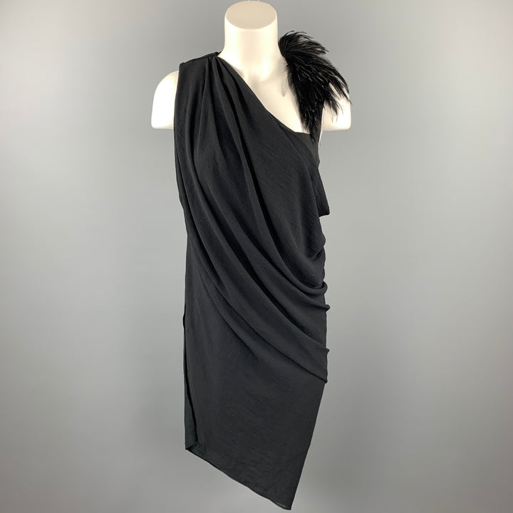 HELMUT LANG Size 6 Black Feather Polyester Draped Shoulder Dress
