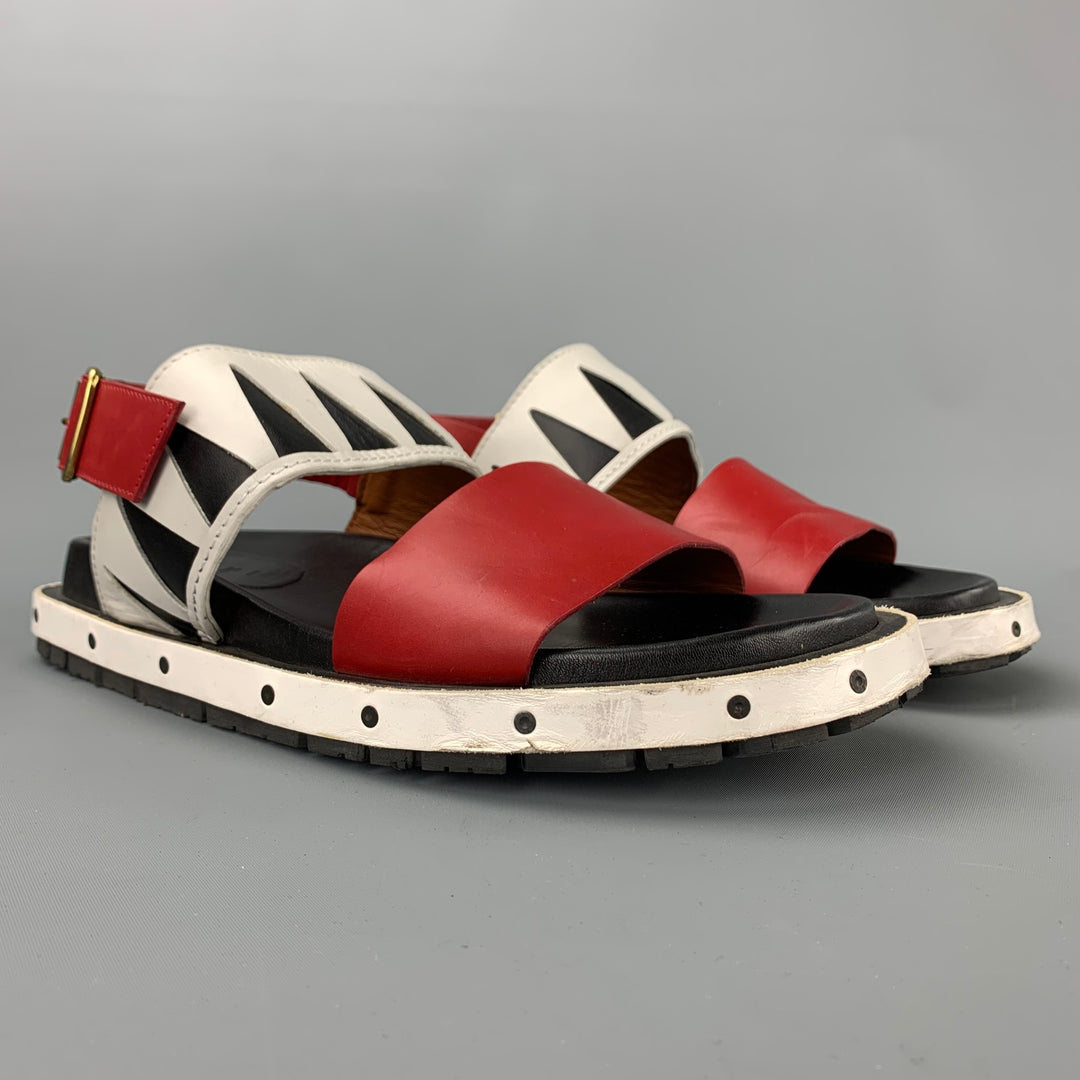 MARNI Size 10 Red & White Leather Belted Sandals