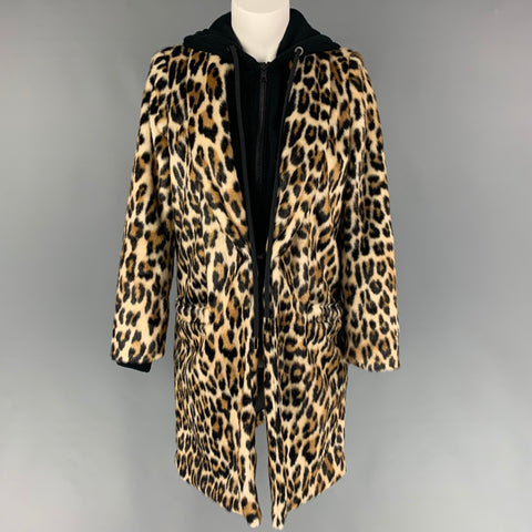ALICE + OLIVIA Taille XS Manteau à capuche en coton acrylique imprimé animal beige noir