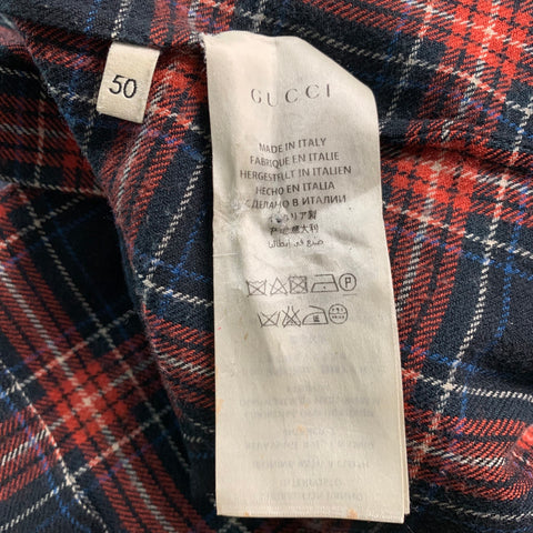 GUCCI Size M Black Red Blue Plaid Cotton Bow Long Sleeve Shirt