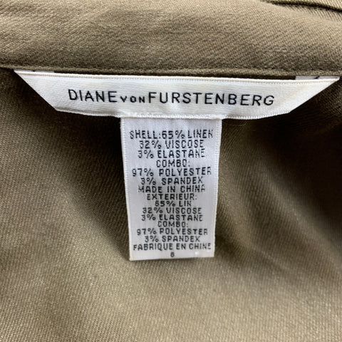 DIANE VON FURSTENBERG Size 8 Olive Linen Blend Open Front Jacket