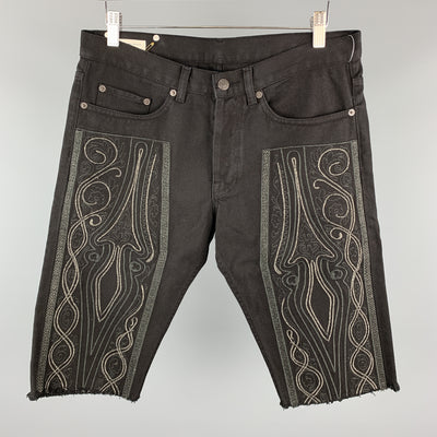 DRIES VAN NOTEN Size 31 Black Embroidered Denim Button Fly Shorts