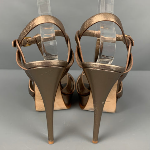 YSL Size 9.5 Metallic Rose Gold Leather Platform Sandals