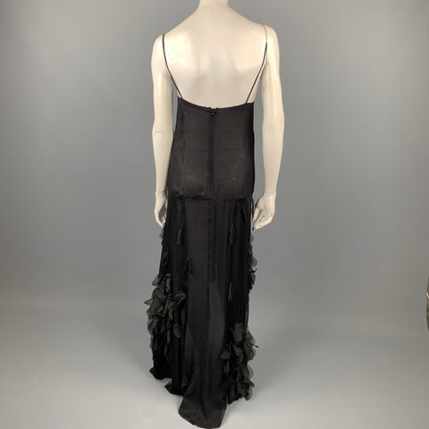 VINTAGE Size 6 Black Rhinestone Applique Silk Spaghetti Strap Cocktail Dress