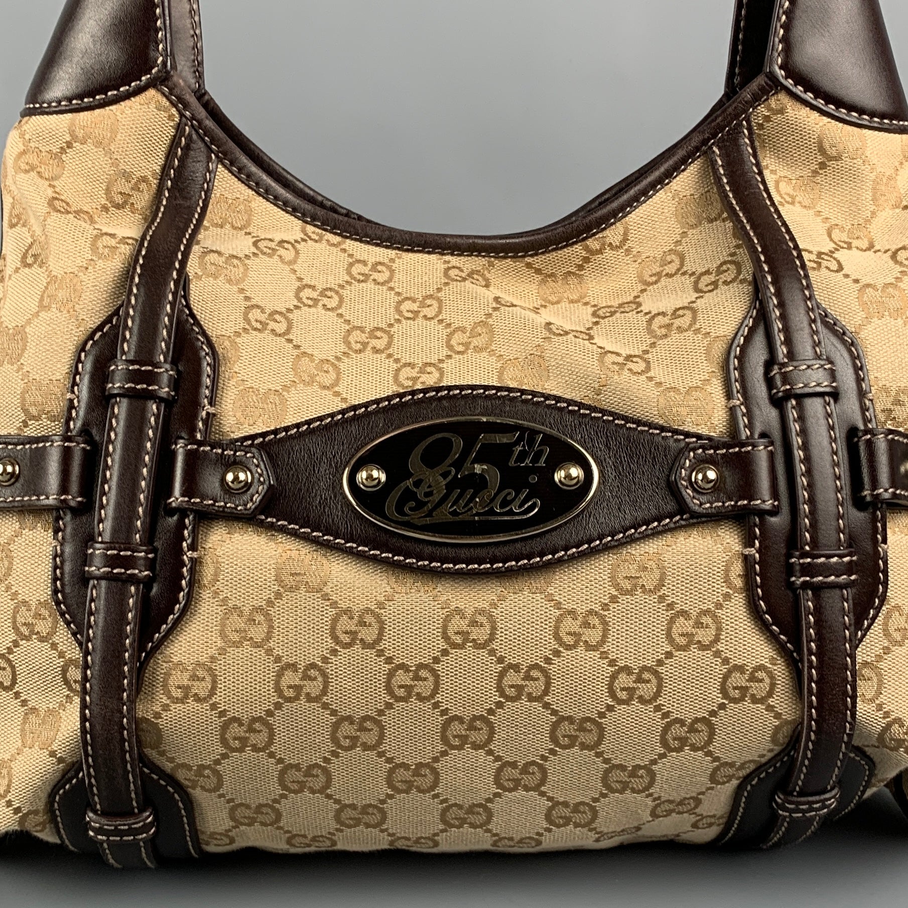 GUCCI Beige & Brown Monogram Canvas Leather Hobo 85th Anniversary