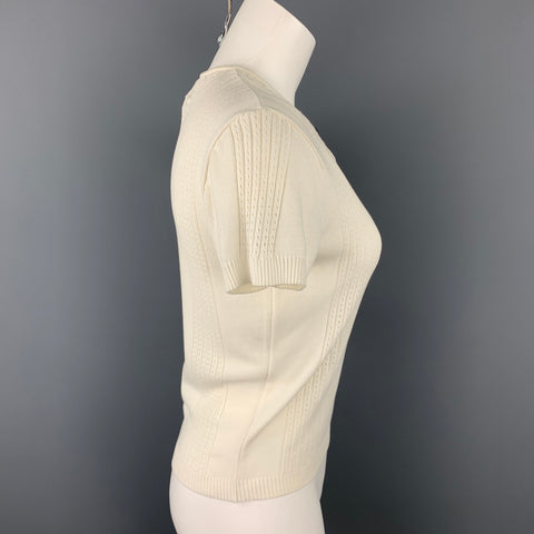 CHANEL Size 8 White Knitted Textured Cotton Blouse