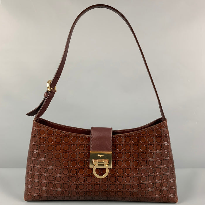 FERRAGAMO Brown Leather Embossed Shoulder Bag