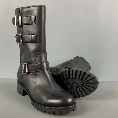 PRADA Talla 8 Botas con cinturón liso de cuero negro