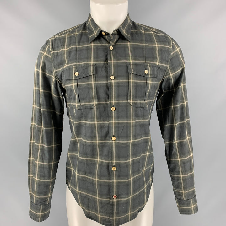 JOHN VARVATOS Size S Green & Grey Plaid Cotton Button Up Long Sleeve Shirt