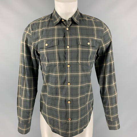 JOHN VARVATOS Talla S Camisa de manga larga con botones de algodón a cuadros verde y gris