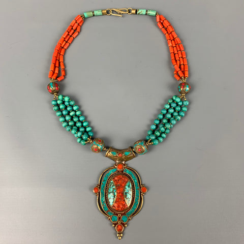 Collier VINTAGE en laiton turquoise corail