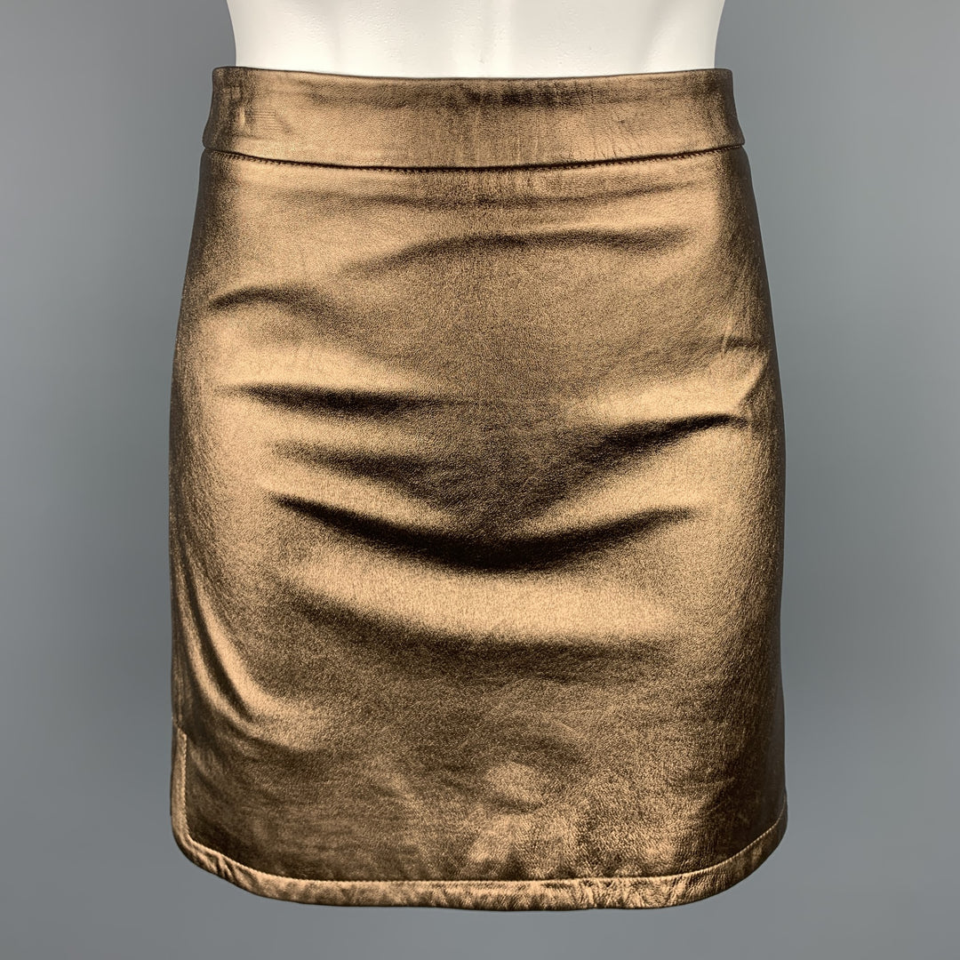 REBECCA MINKOFF Size 6 Gold Leather Mini Skirt