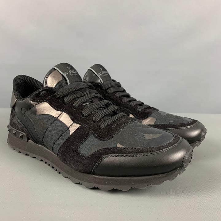 VALENTINO Size 10 Black Silver Camo Leather Lace Up Sneakers