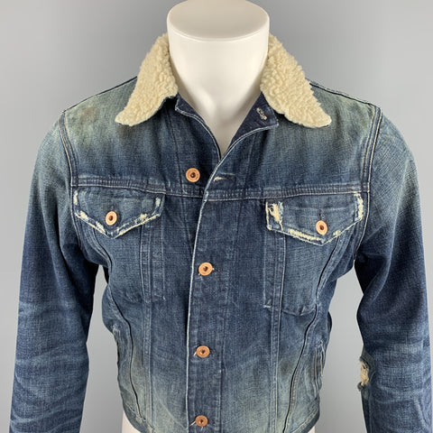 NSF Size XS Indigo Wash Distressed Denim Trucker Jacket