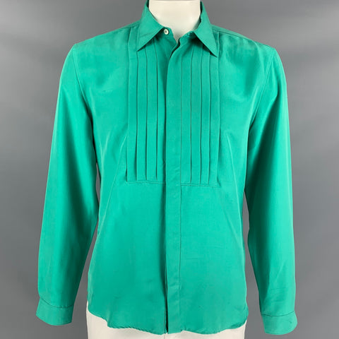 BURBERRY PRORSUM Spring 2014 Size L Jade Green Pleated Silk Long Sleeve Shirt