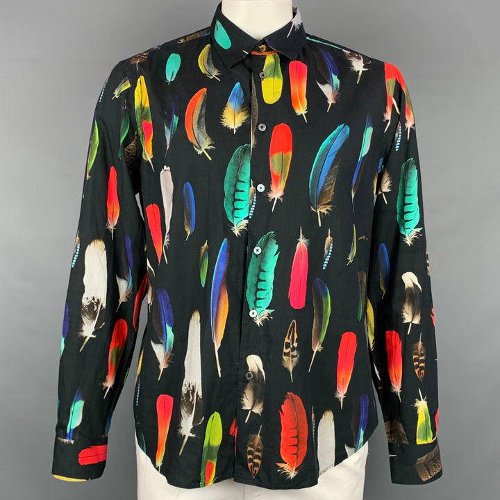 PAUL SMITH Size XL Multi-Color Feather Print Cotton Button Up Long Sleeve Shirt