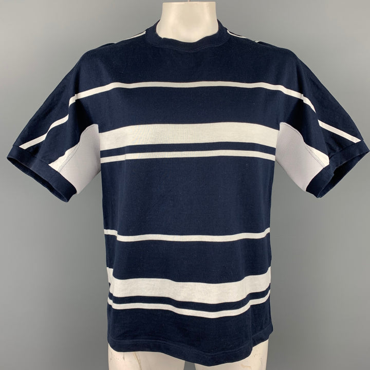KOLOR Size L Navy & White Stripe Cotton Crew-Neck T-shirt