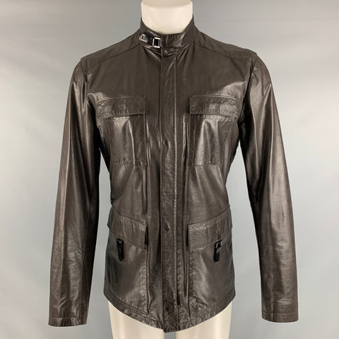 PRADA Size 38 Brown Solid Leather Zip & Snaps Jacket
