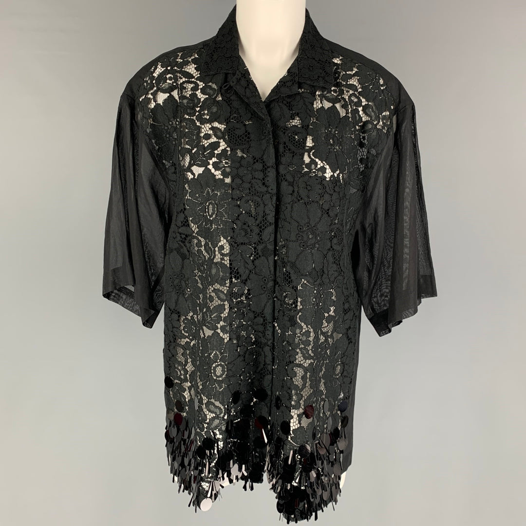 DRIES VAN NOTEN Size M Black Cotton Blend Payette Sequin Short Sleeve Shirt