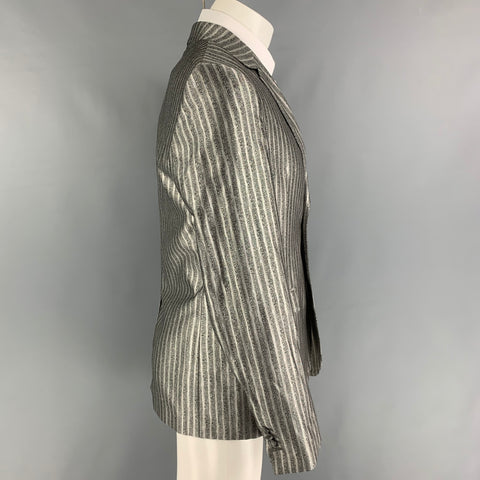 ROBERTO CAVALLI Size 40 Silver Black Stripe Wool Silk Sport Coat