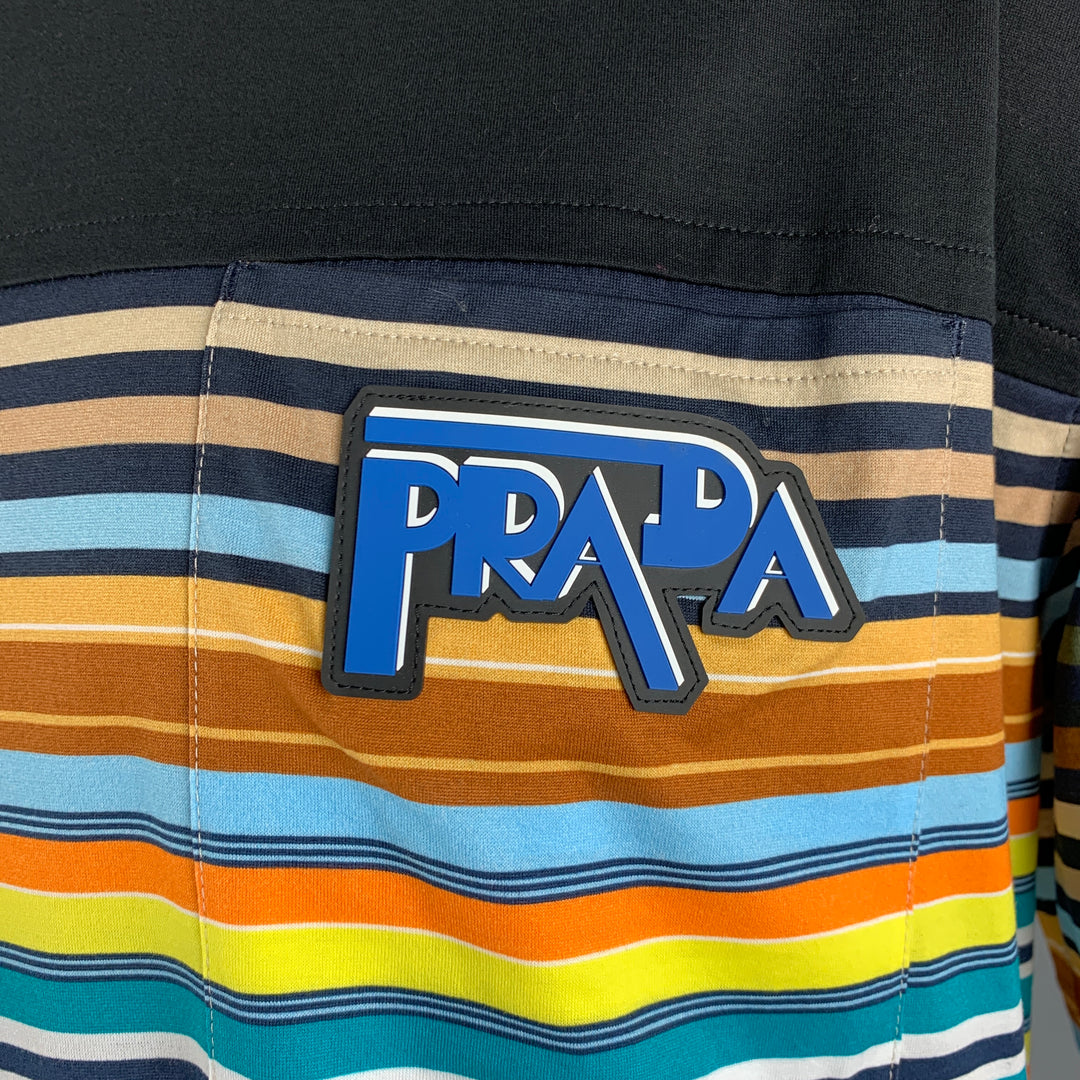PRADA Size XL Black Multi-Color Stripe Cotton Crew-Neck T-shirt