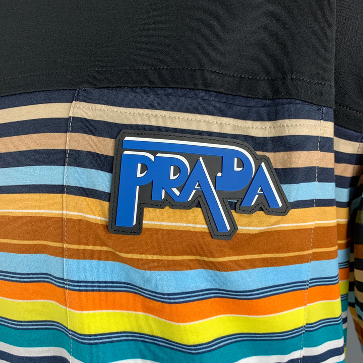 PRADA Size XL Black Multi-Color Stripe Cotton Crew-Neck T-shirt