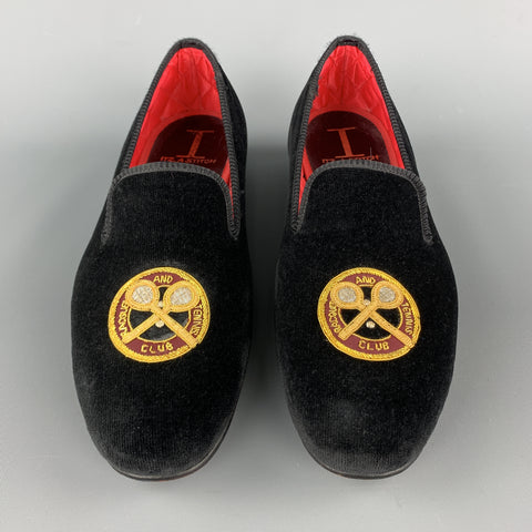 ITZ A STITCH Size 8.5 Black Embroidery Velvet Slippers Loafers