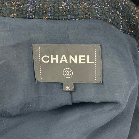 CHANEL Size 18 Navy Gold Cotton Blend Metallic Single Breasted Coat