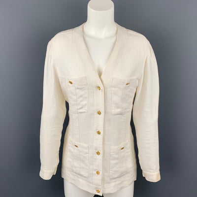 Vintage CHANEL Size 4 Cream Linen V-Neck Patch Pocket Jacket