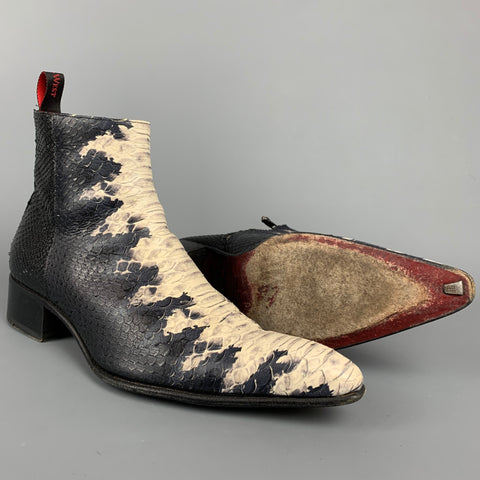 JEFFERY WEST Size 10 Black & White Snake Skin Leather Pointed Toe Boots