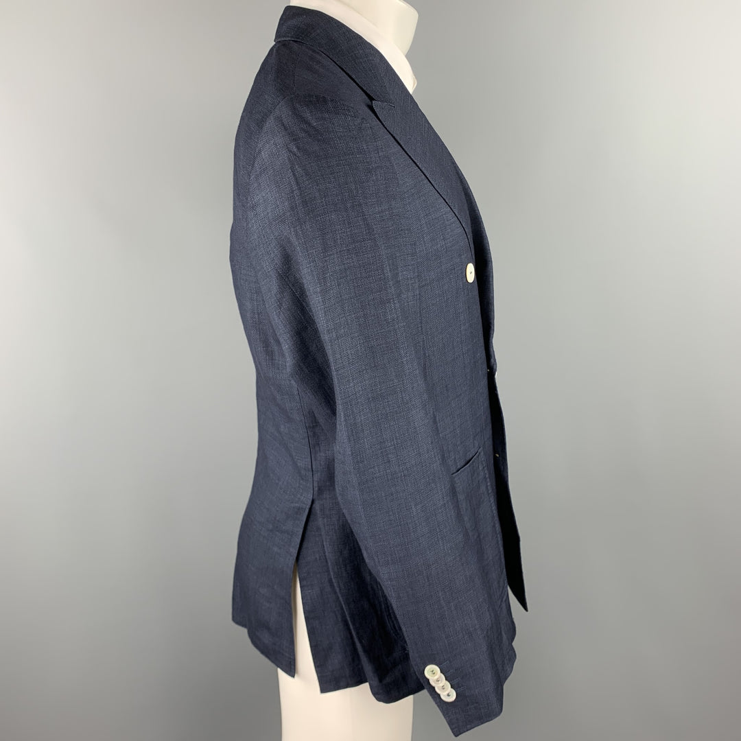 CANALI Taille 40 Manteau de sport en mélange de lin tissé bleu marine à revers