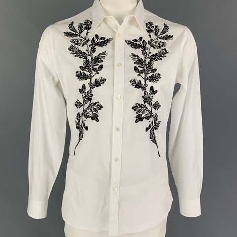 ALEXANDER MCQUEEN Size XL White Black Embroidery Cotton Long Sleeve Shirt