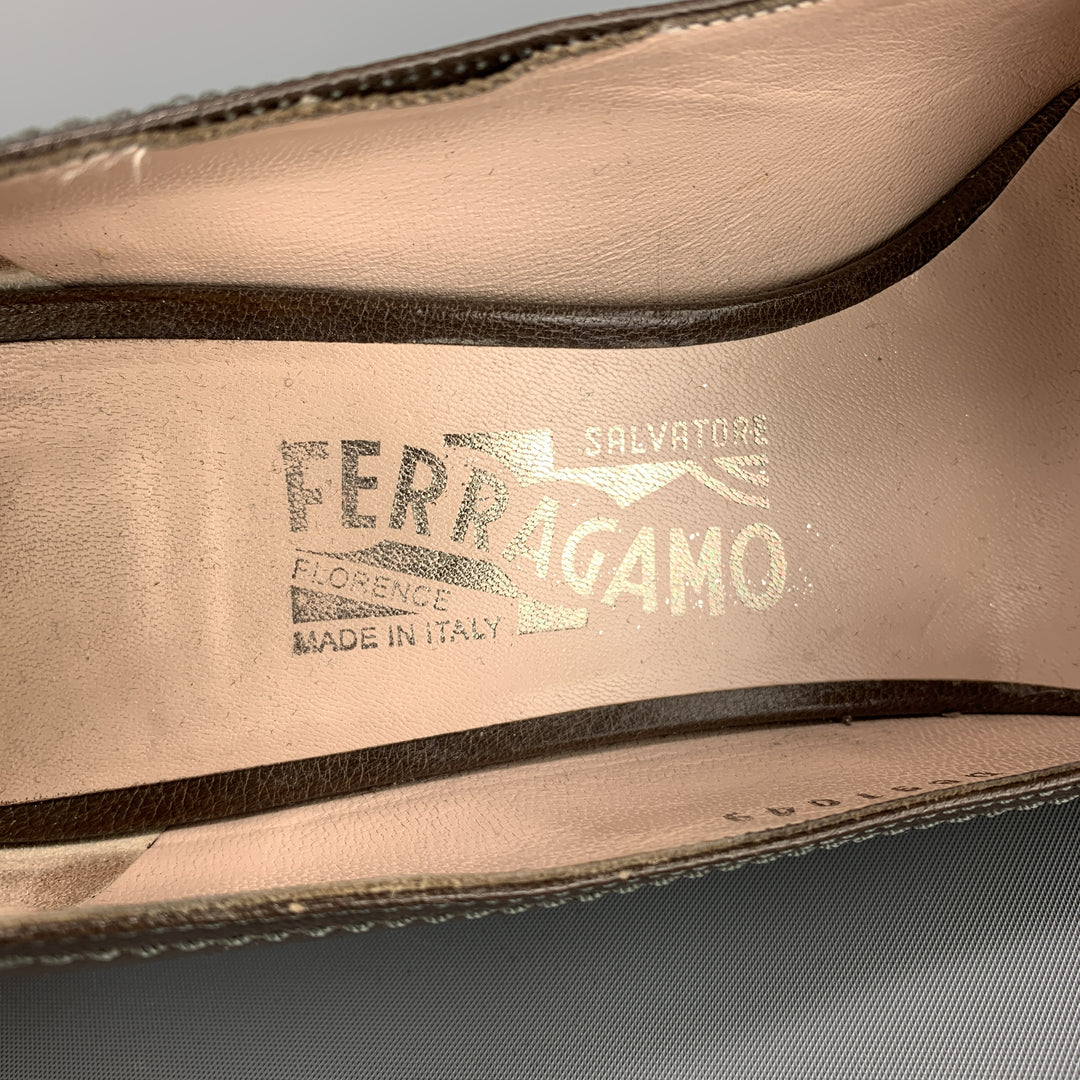 SALVATORE FERRAGAMO Size 8.5 Taupe Leather Gold Tone Gancini Loafer Pumps