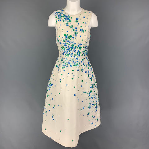 MONIQUE LHUILLIER Size 6 Cream Blue Green Silk Sequined Cocktail Dress