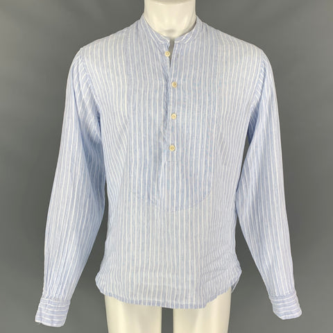 EAST HARBOUR SURPLUS Size M Light Blue & White Stripe Cotton Blend Pop-Over Long Sleeve Shirt