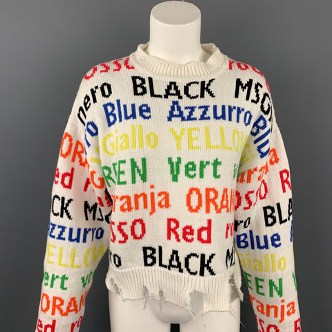 MSGM Size M White & Multi-Color Knitted Distressed Cotton / Acrylic Sweater