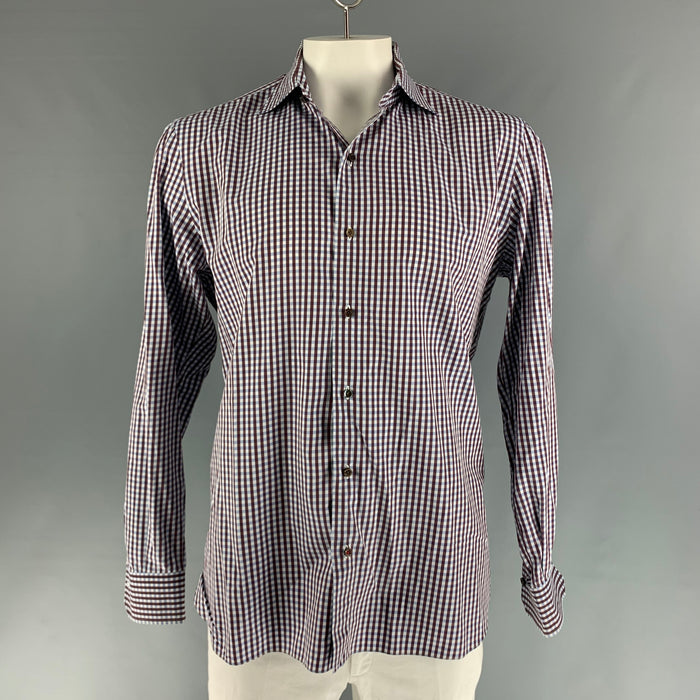 ISAIA Size XL Brown Blue Checkered Cotton Long Sleeve Shirt