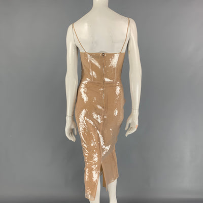 DAVID KOMA Size 4 Beige Sequined Silk Midi Cocktail Dress