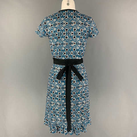 MARGARET OLEARY Blue White Black Abstract Floral Viscose Wrap Dress