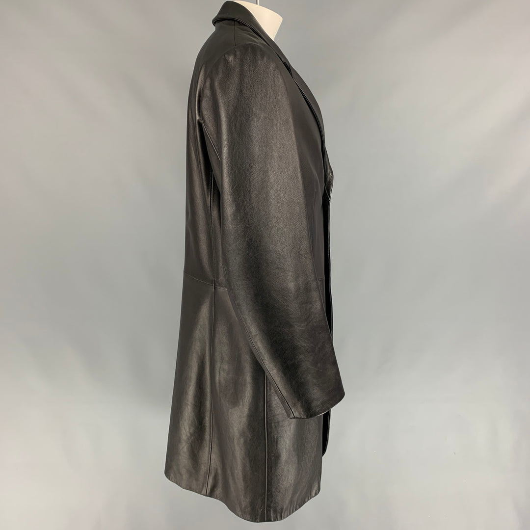 EMPORIO ARMANI Size 46 Black Leather Notch Lapel Coat