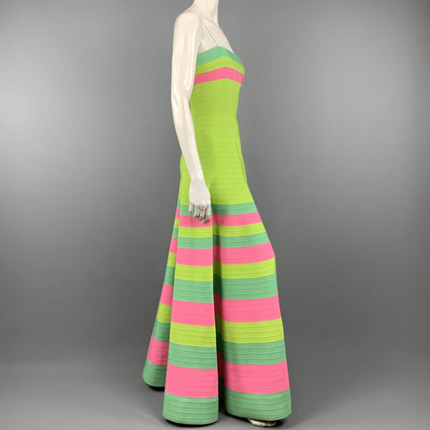 OSCAR DE LA RENTA Size 8 Green Turquoise & Pink Grosgrain Striped Gown