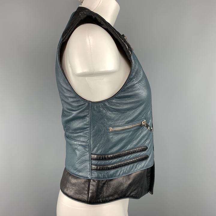 BALENCIAGA Size 8 Black & Teal Blue Quilted Leather Biker Vest