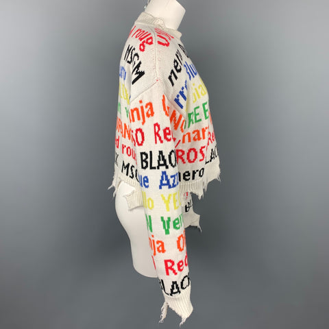 MSGM Taille M Pull en coton/acrylique tricoté en détresse blanc et multicolore