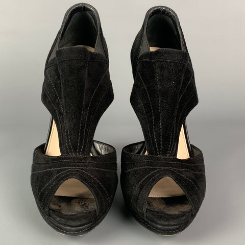 PRADA Talla 10.5 Botas peep toe de ante negro