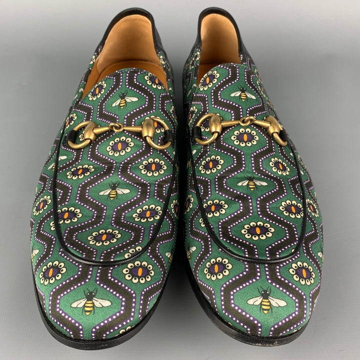 GUCCI Brixton Size 9 Green & Black Bee Print Canvas Slip On Loafers