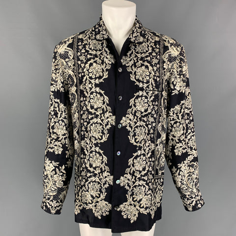 DOLCE & GABBANA Size M Black White Print Silk Button Up Long Sleeve Shirt
